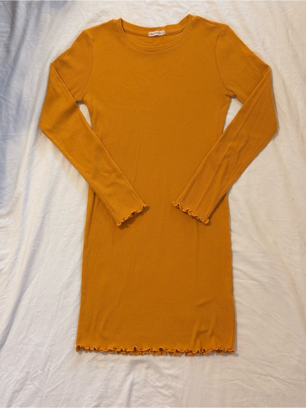 Heart Hips Mustard Ruffle Trim Crewneck Sweater Dress